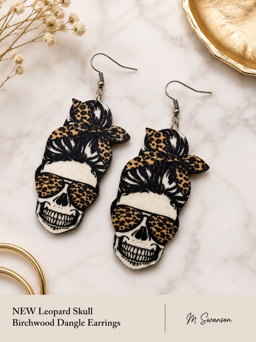 NEW Leopard Skull Birchwood Dangle Earrings Western Boho NWT